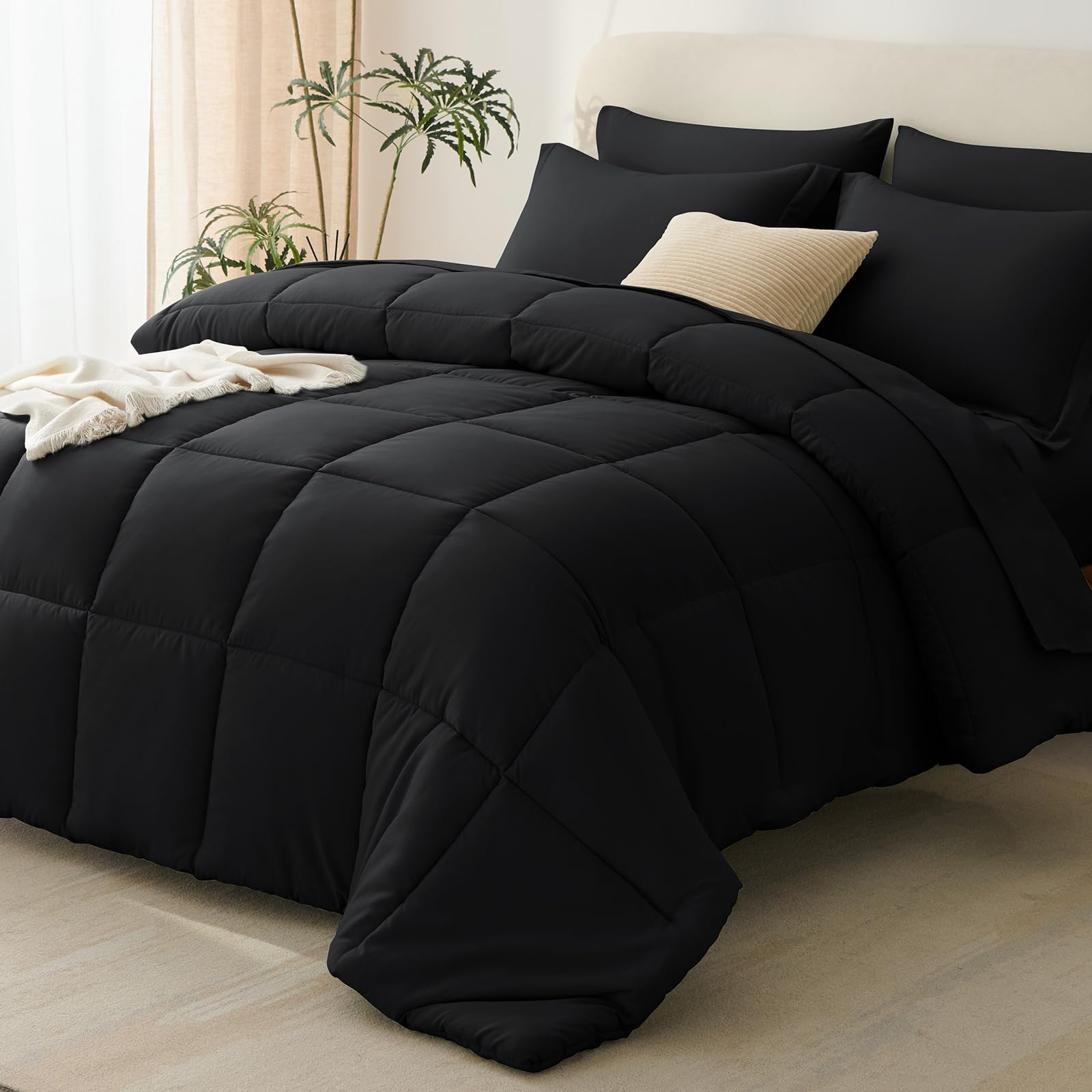 CozyLux queen black bedding set packaging—full seven-piece bundle for all-season comfort