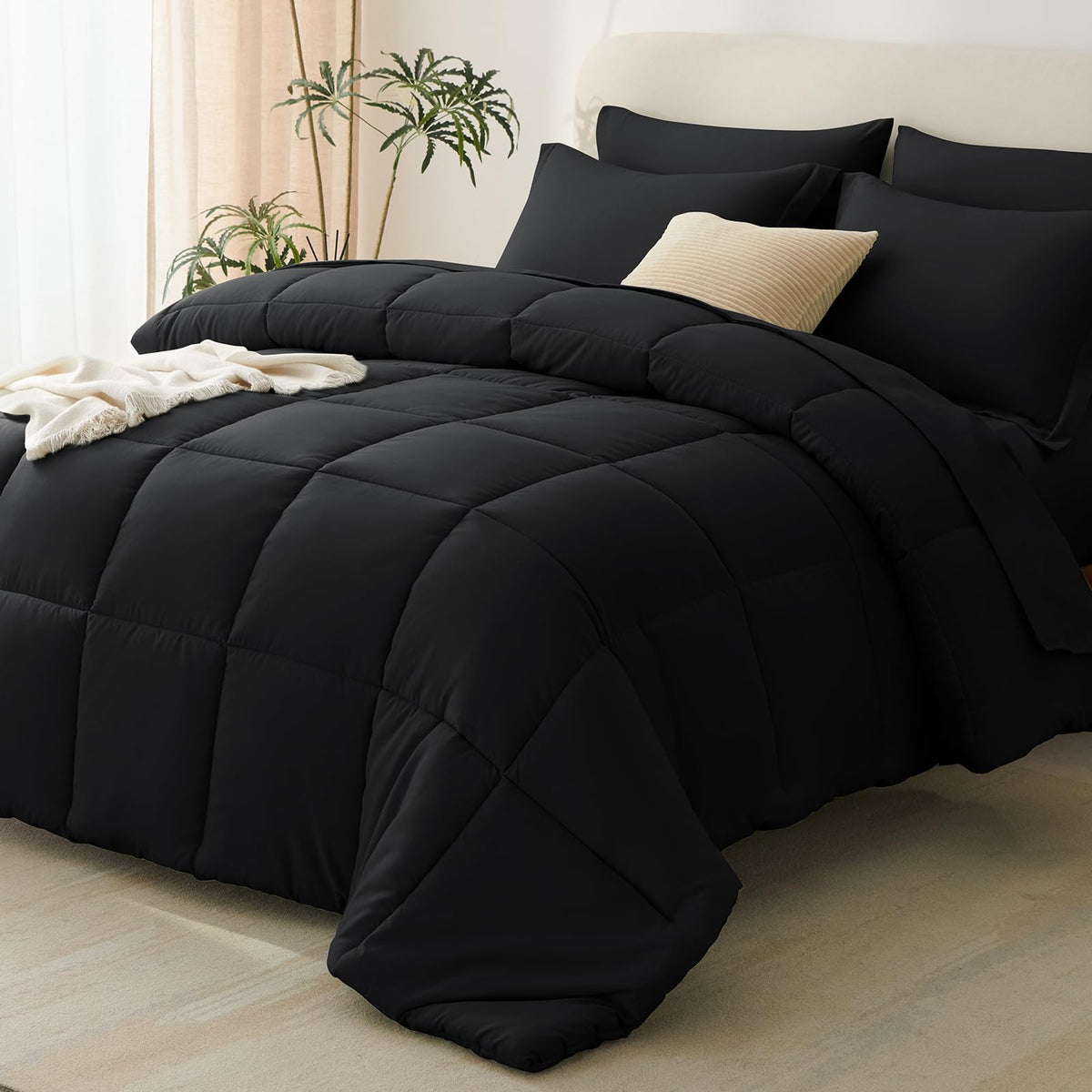 CozyLux queen black bedding set packaging—full seven-piece bundle for all-season comfort