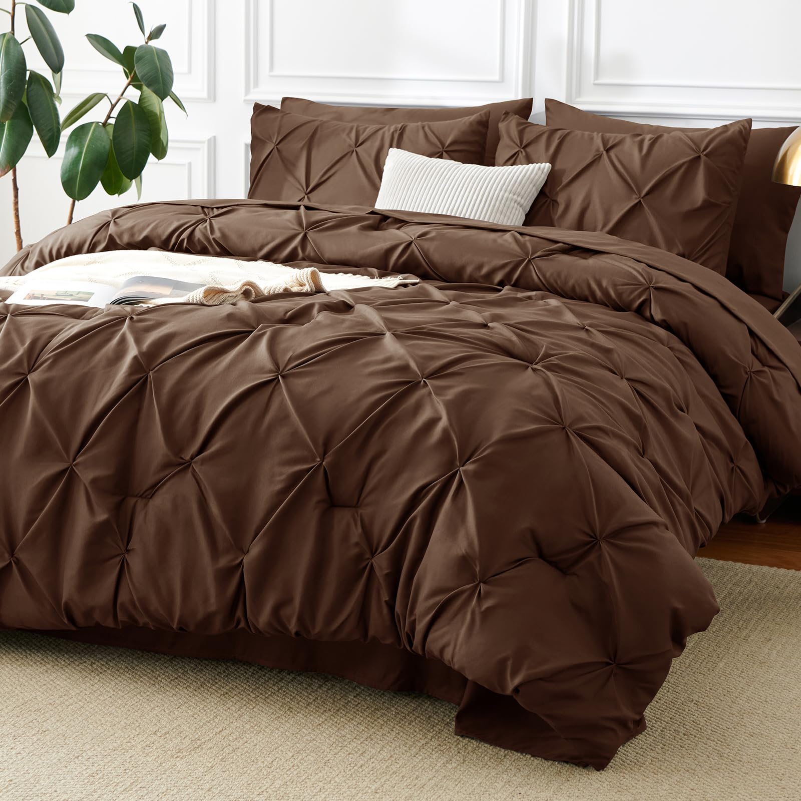 Cozylux queen comforter set brown pinch-pleat close-up showing elegant texture and color
