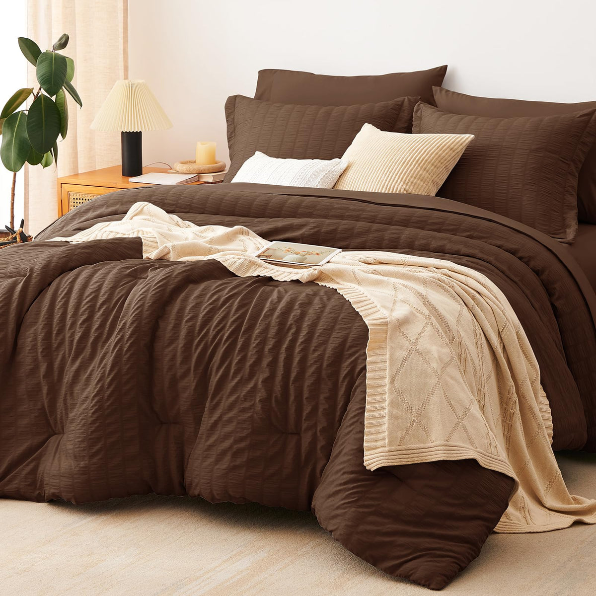 CozyLux queen comforter set in brown seersucker offering lightweight warmth and texture