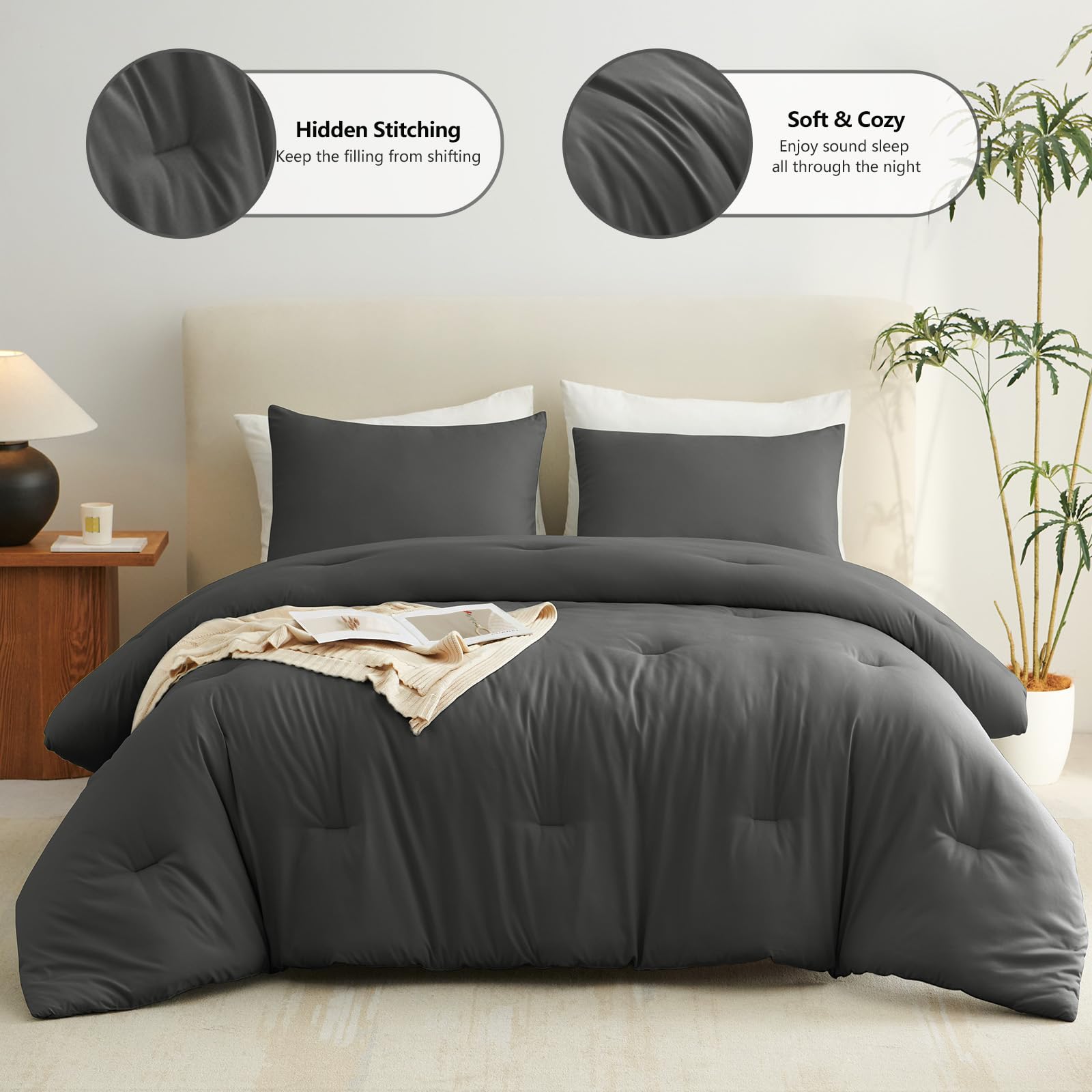 CozyLux queen comforter set in dark grey on bed showing soft touch