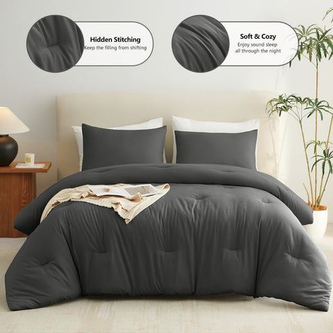 CozyLux queen comforter set in dark grey on bed showing soft touch