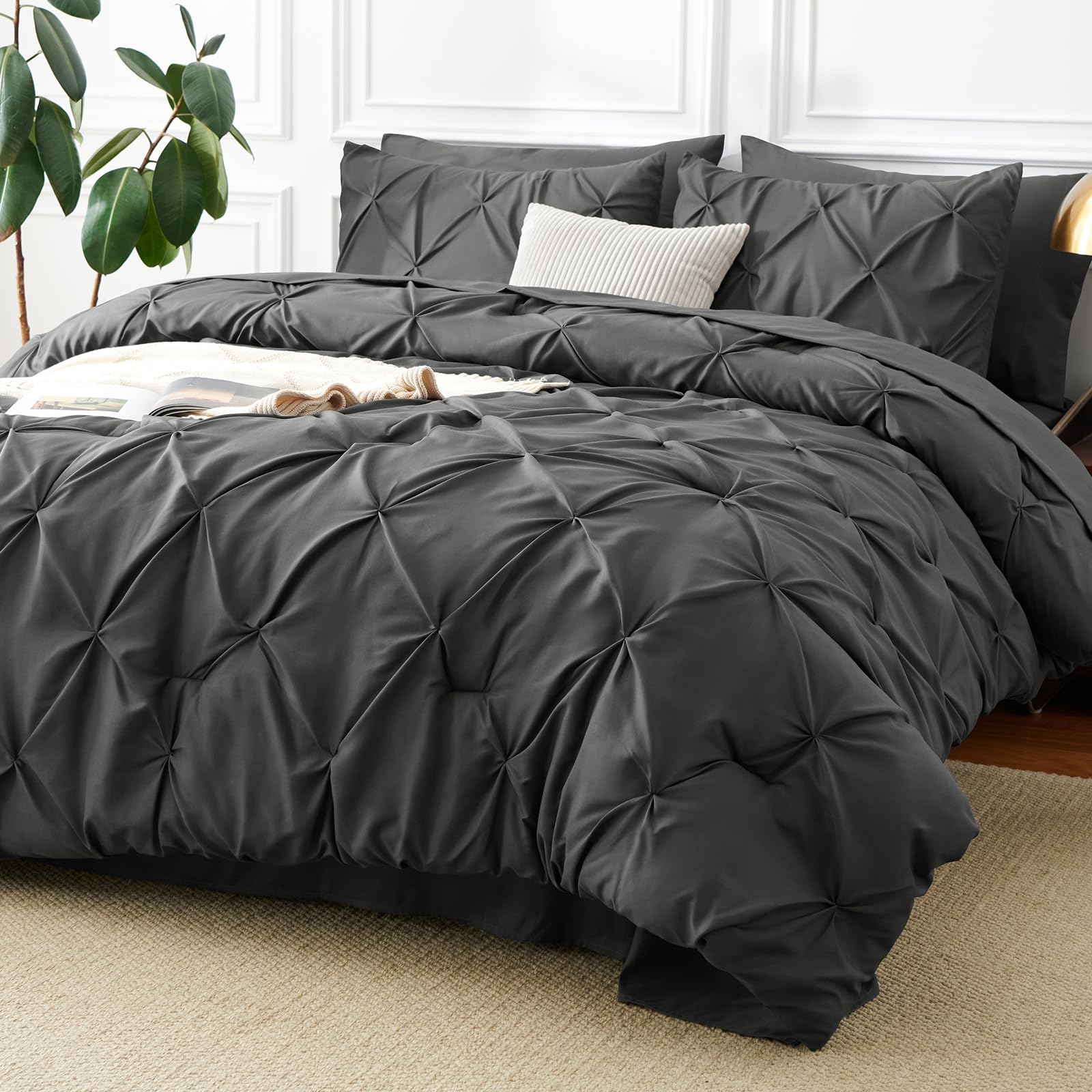 CozyLux queen dark grey pintuck set enhances modern bedroom decor with durability
