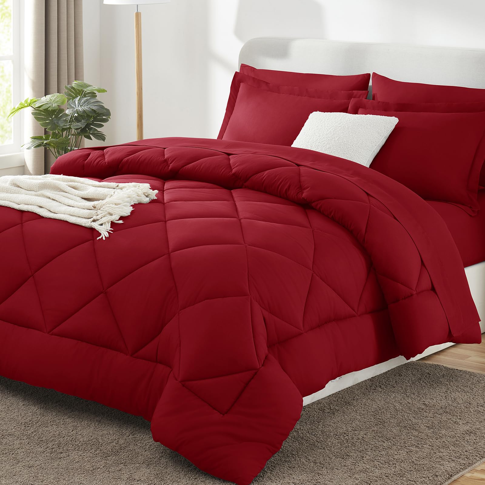 CozyLux queen comforter set dark red front view shows vibrant color and classic style