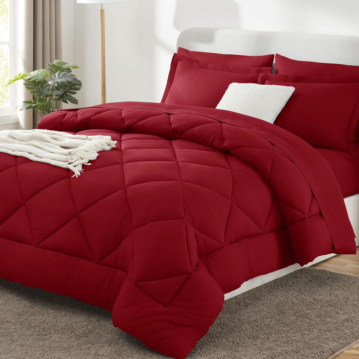 CozyLux queen comforter set dark red front view shows vibrant color and classic style