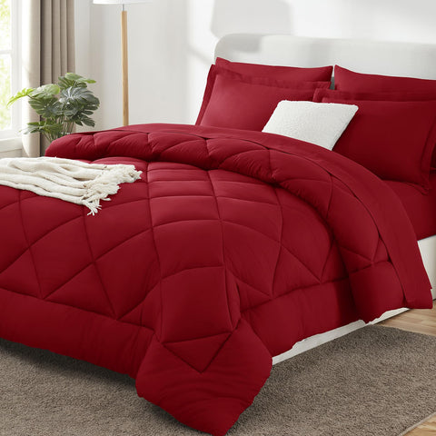 CozyLux queen comforter set dark red front view shows vibrant color and classic style