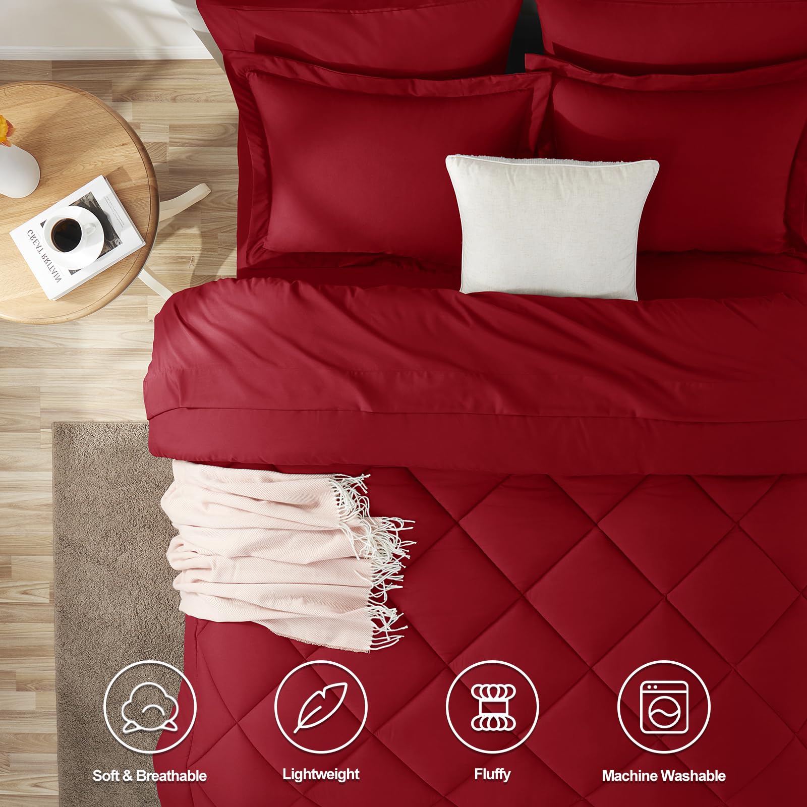 CozyLux queen comforter set dark red vacuum bag packaging demonstrates easy, ready-to-use setup