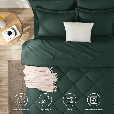 CozyLux forest green comforter set rolled bed illustrates breathable fabric for year-round comfort