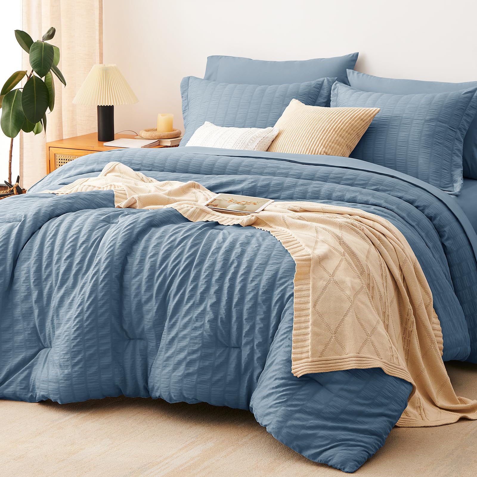 CozyLux Queen Comforter Set in grayish blue seersucker -- front view, soft texture.