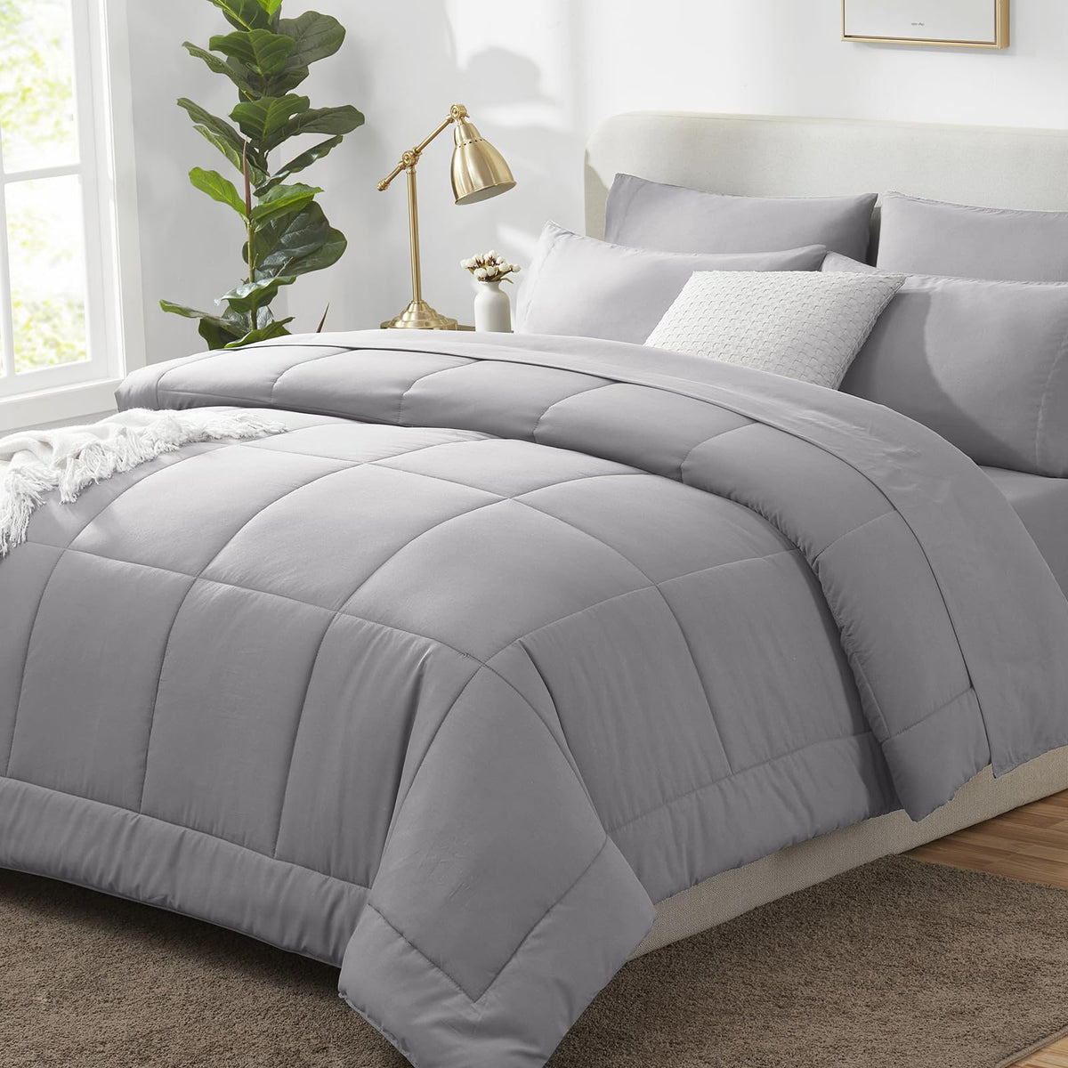 CozyLux queen comforter set grey packaged—easy storage and quick fluff restoration.