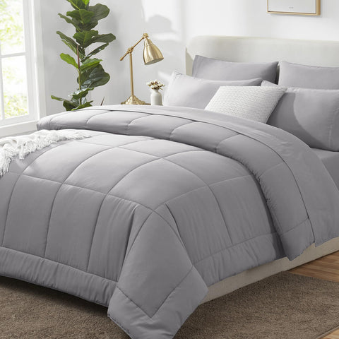 CozyLux queen comforter set grey packaged—easy storage and quick fluff restoration.