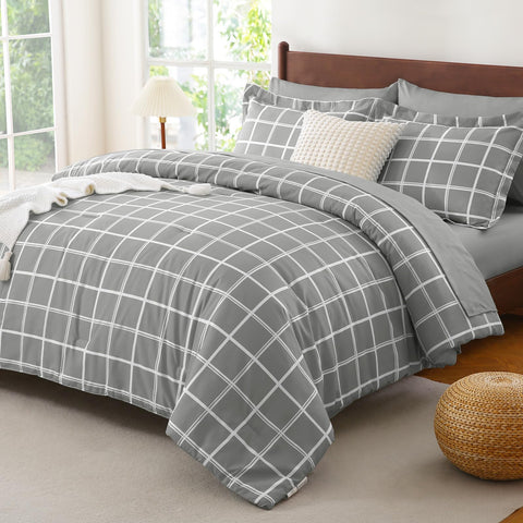 CozyLux queen comforter set in grey plaid close-up shows soft microfiber fabric and quilting
