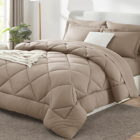 CozyLux queen comforter set in khaki packaging showing vacuum seal.