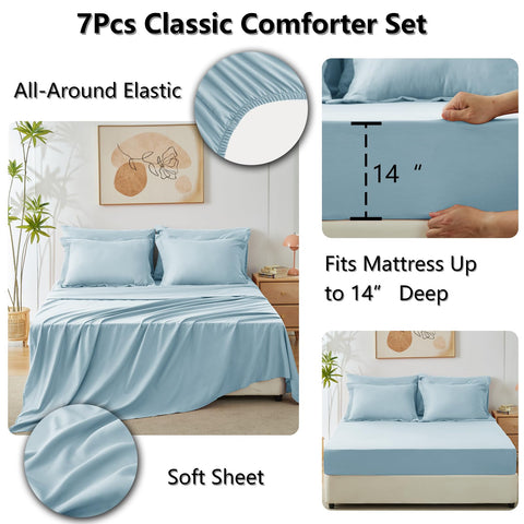 CozyLux Queen Comforter Set light blue fitted sheet fits up to 14-inch mattresses.