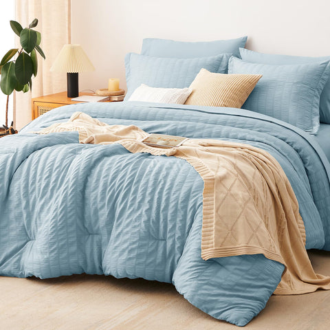 CozyLux Queen Comforter Set in light blue seersucker front view shows breathable texture