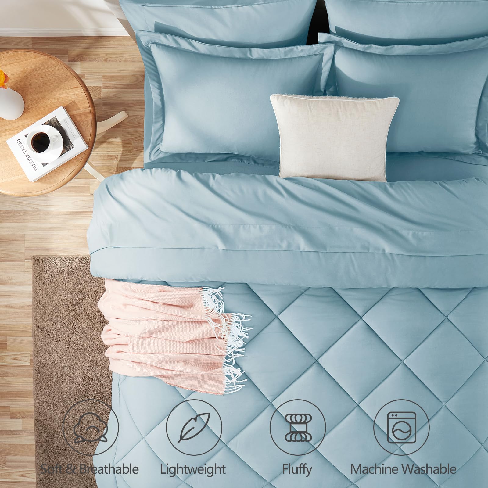 CozyLux Queen Comforter Set light blue stitching detail emphasizes durable box stitching.