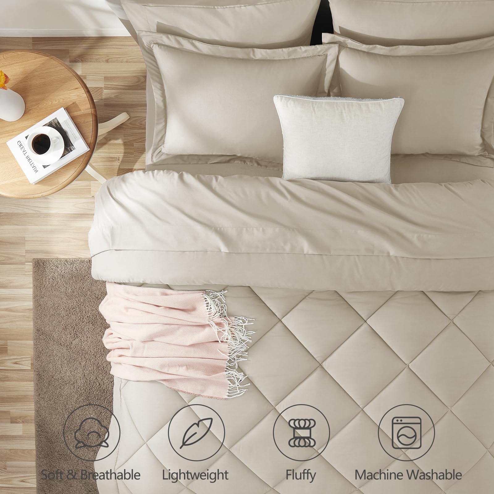 CozyLux Queen Comforter Set Oatmeal on-bed view highlighting plush texture for cozy nights.