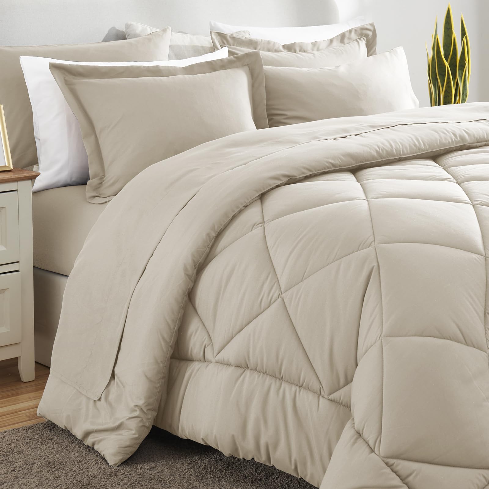 CozyLux Queen Comforter Set Oatmeal fitted sheet demonstrates reliable deep-pocket fit.