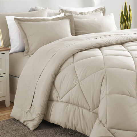 CozyLux Queen Comforter Set Oatmeal fitted sheet demonstrates reliable deep-pocket fit.