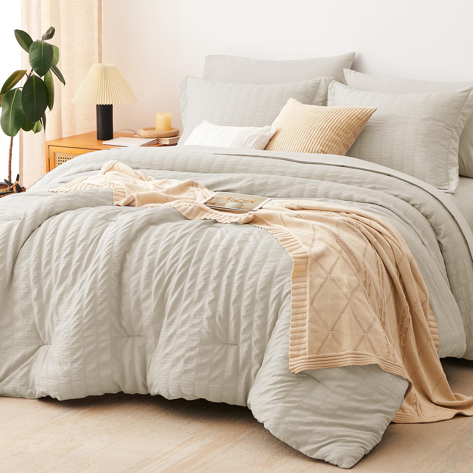 CozyLux queen comforter set in oatmeal seersucker, front view, soft, breathable bedding