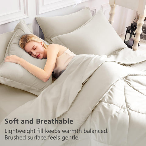 CozyLux Queen Comforter Set Oatmeal stitching detail emphasizes durable box construction.