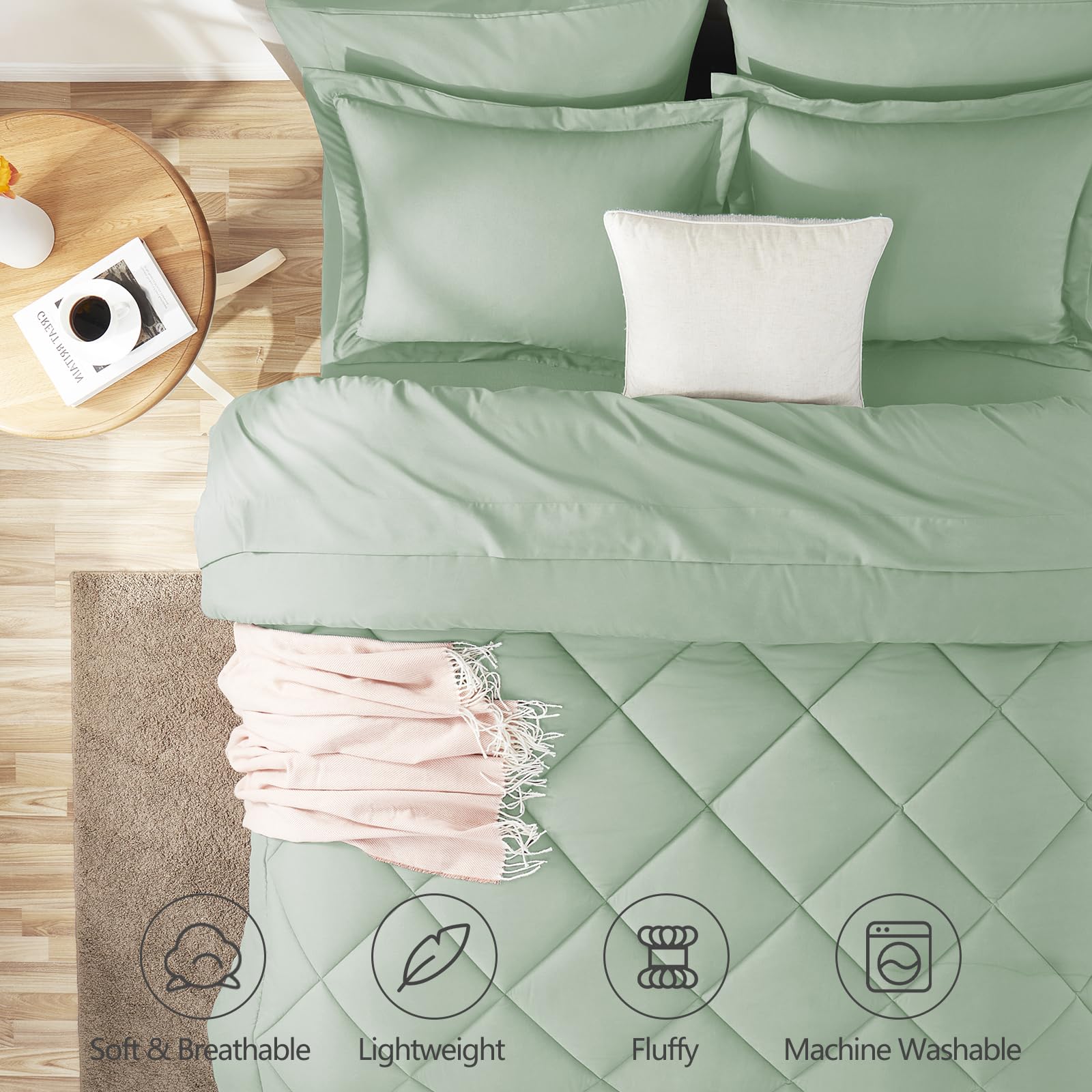 CozyLux queen comforter set on bed scene in sage green for a calm bedroom