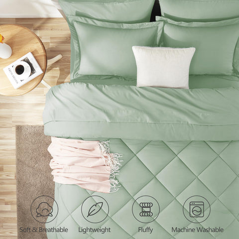 CozyLux queen comforter set on bed scene in sage green for a calm bedroom