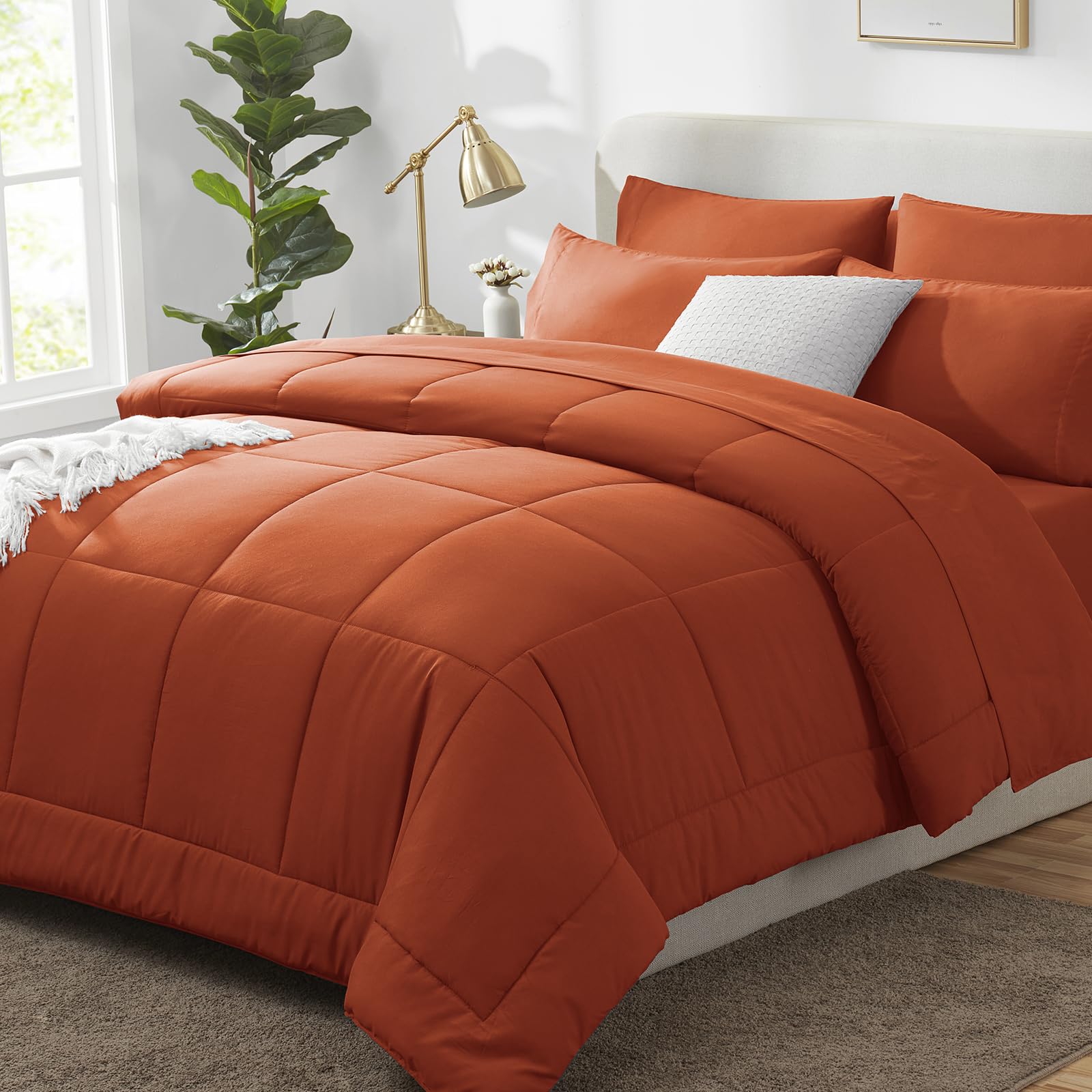 CozyLux queen comforter set terracotta flat lay showing full seven-piece bedding