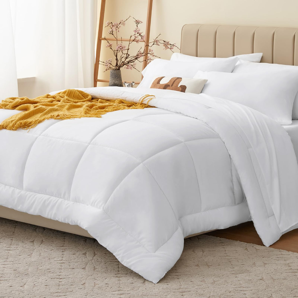 CozyLux queen comforter set white bag showing seven-piece contents for easy styling.