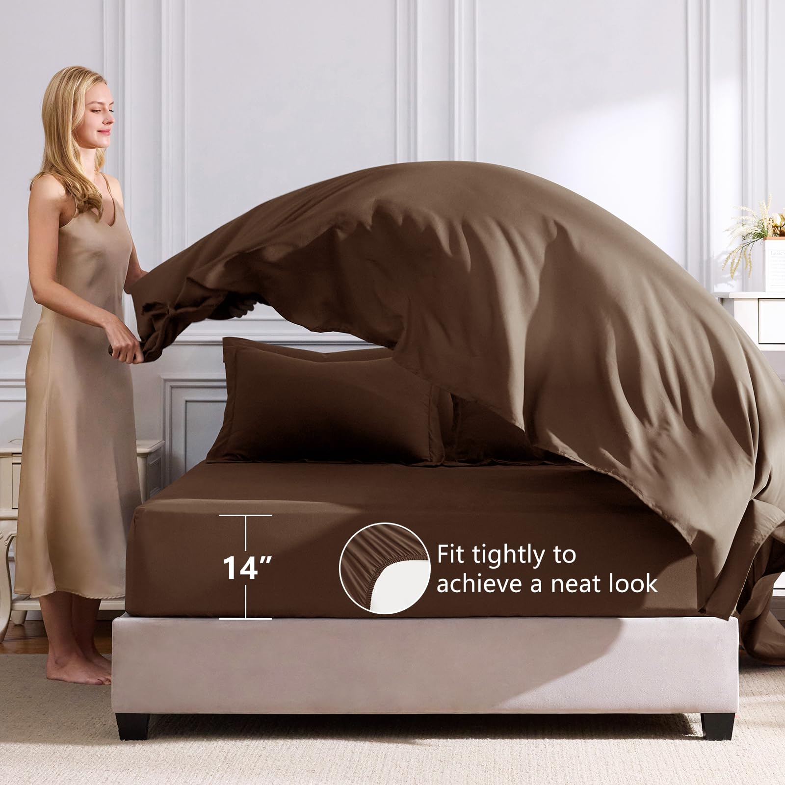 CozyLux queen fitted sheet deep-pocket design fits up to 14 inches securely.