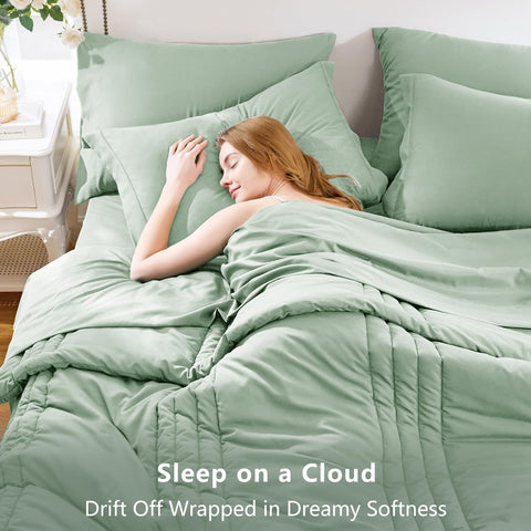 CozyLux queen flat sheet (90x102) ready for bed setup in sage green.