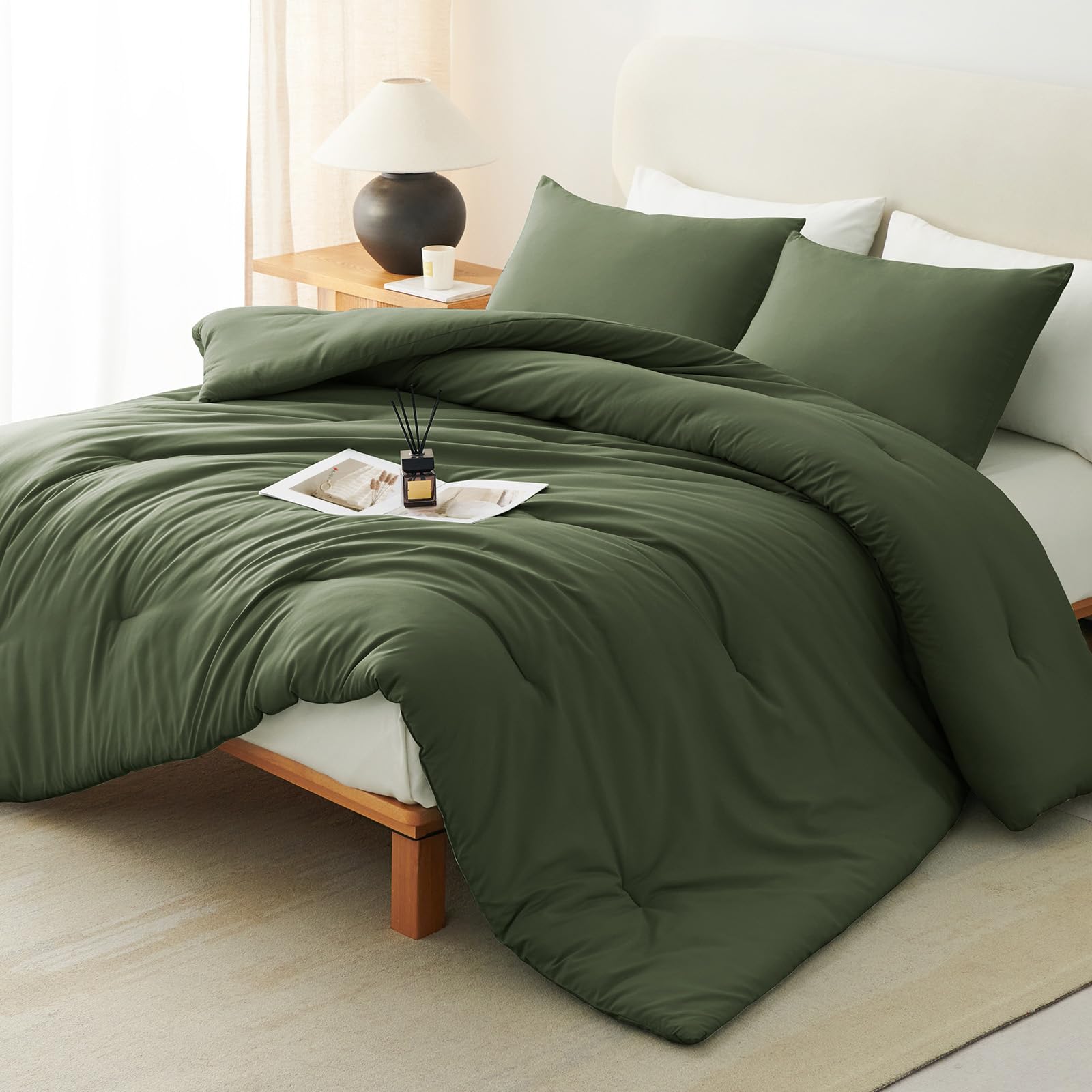 CozyLux Queen Olive Green Comforter close-up shows plush microfiber and soft texture