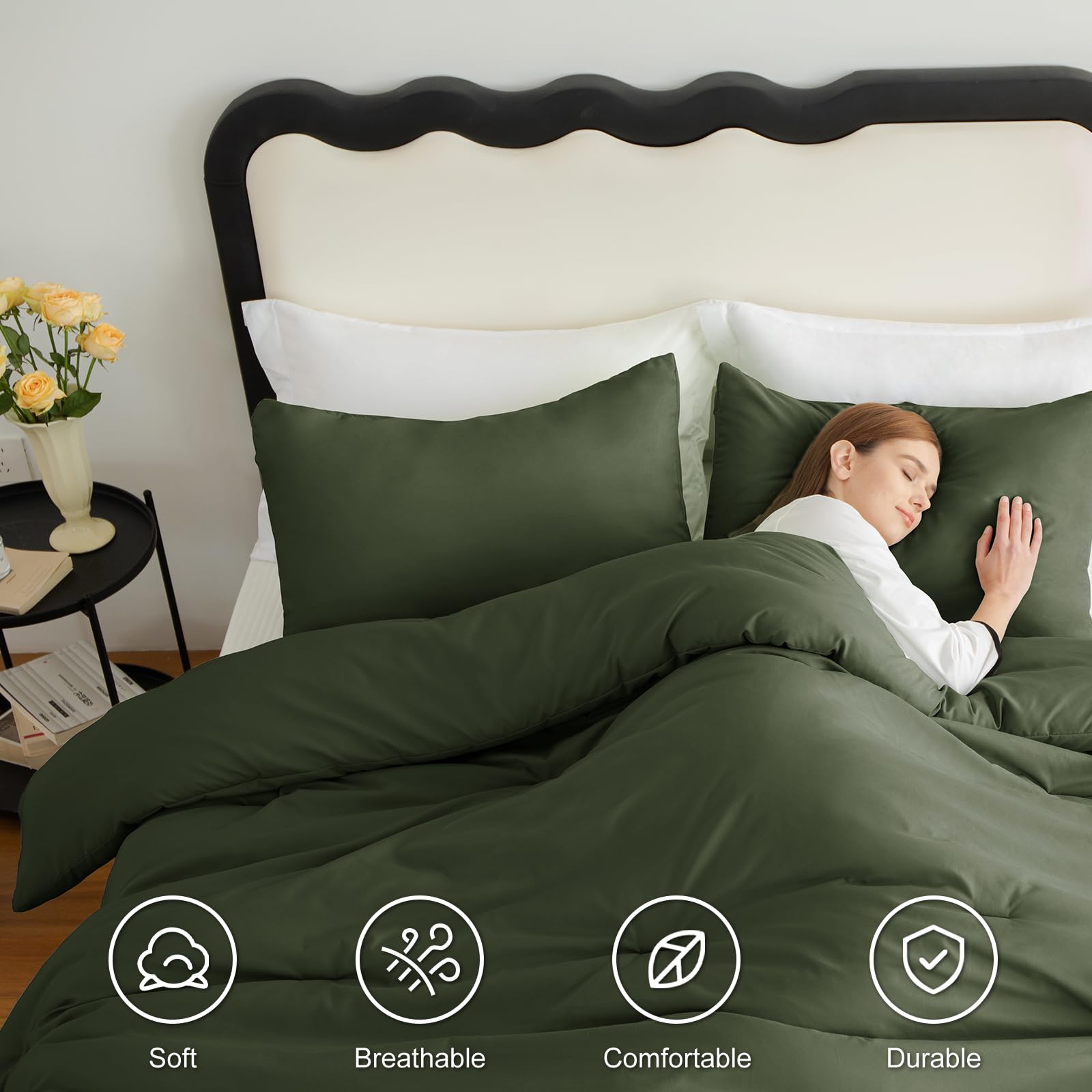 CozyLux Queen Olive Green corner ties prevent duvet shifting