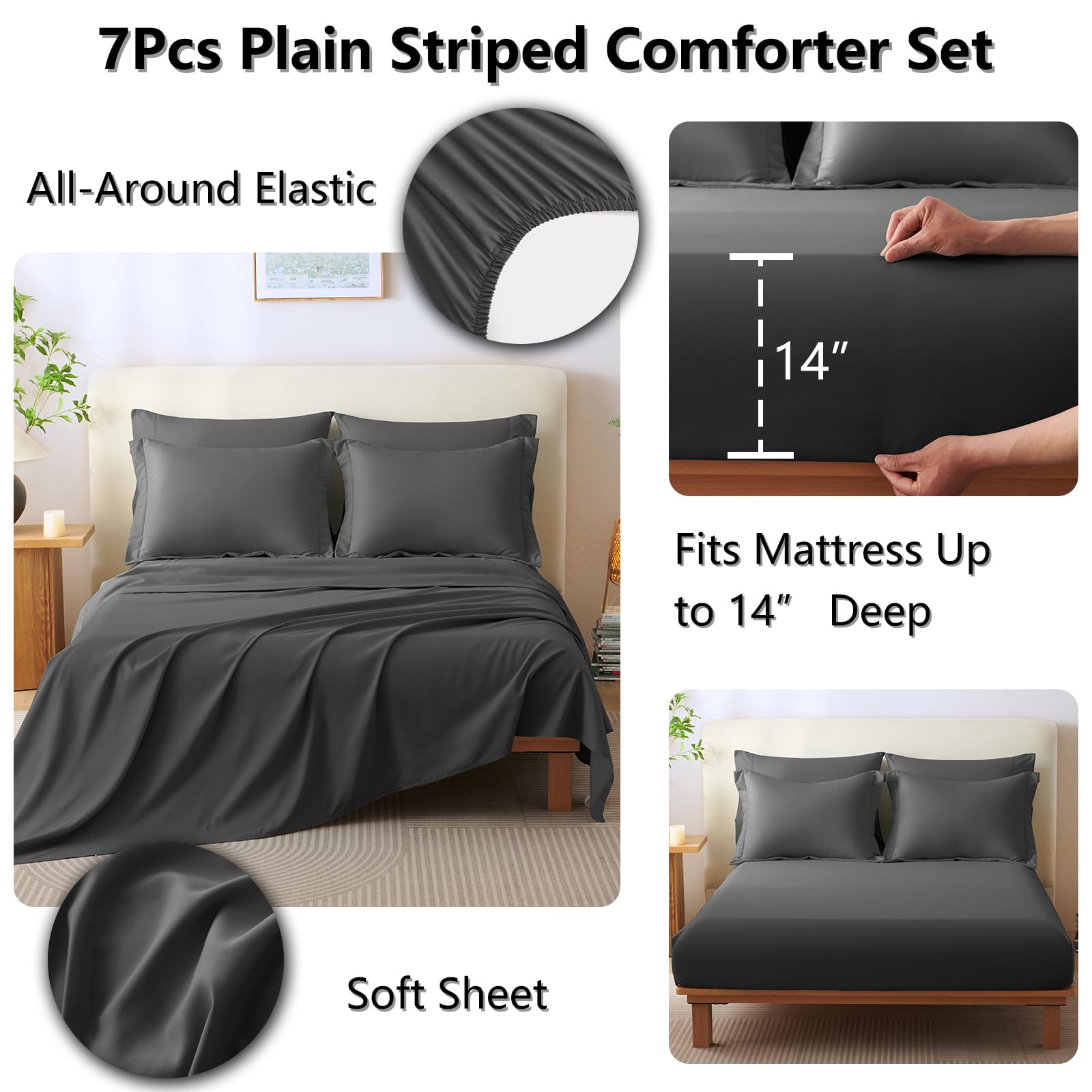 CozyLux queen set dark-grey on bed demonstrates classic striped style.