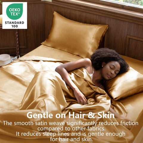 CozyLux satin sheets fitted sheet highlights secure fit for peaceful, wrinkle-free nights.