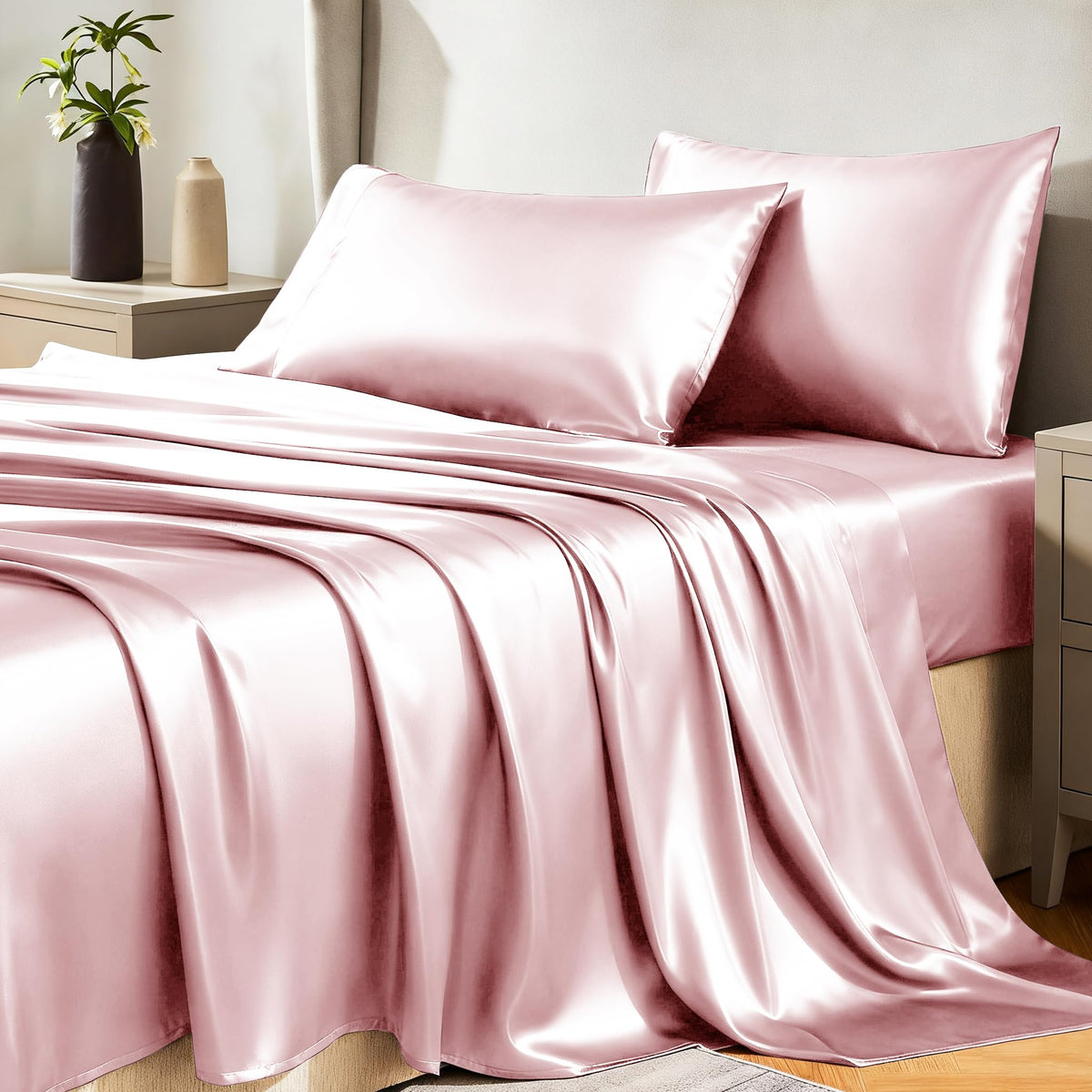 CozyLux satin sheets on a bed showing silky smooth comfort for restful nights