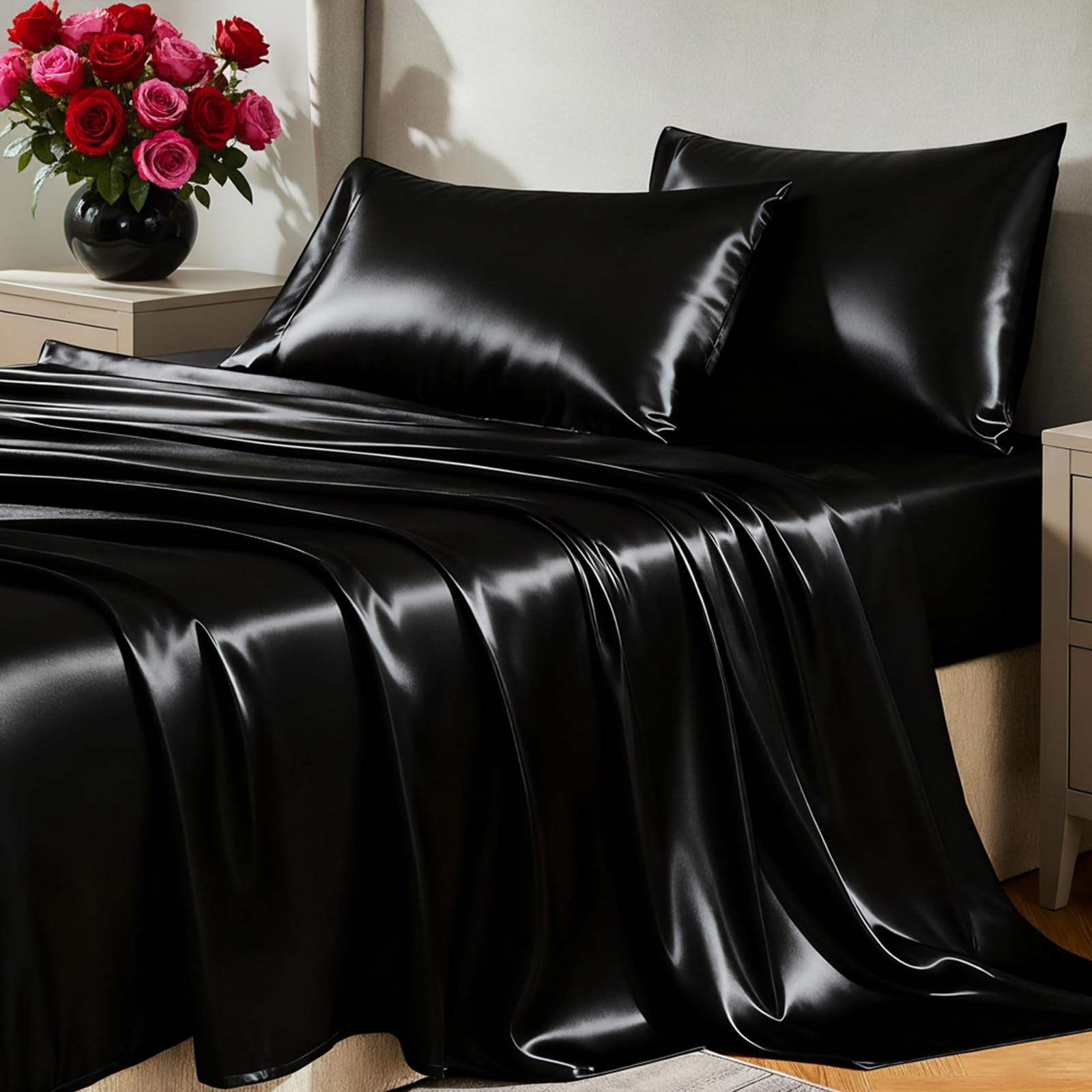 CozyLux satin sheets full-size 4-piece set on bed with silky smooth feel.