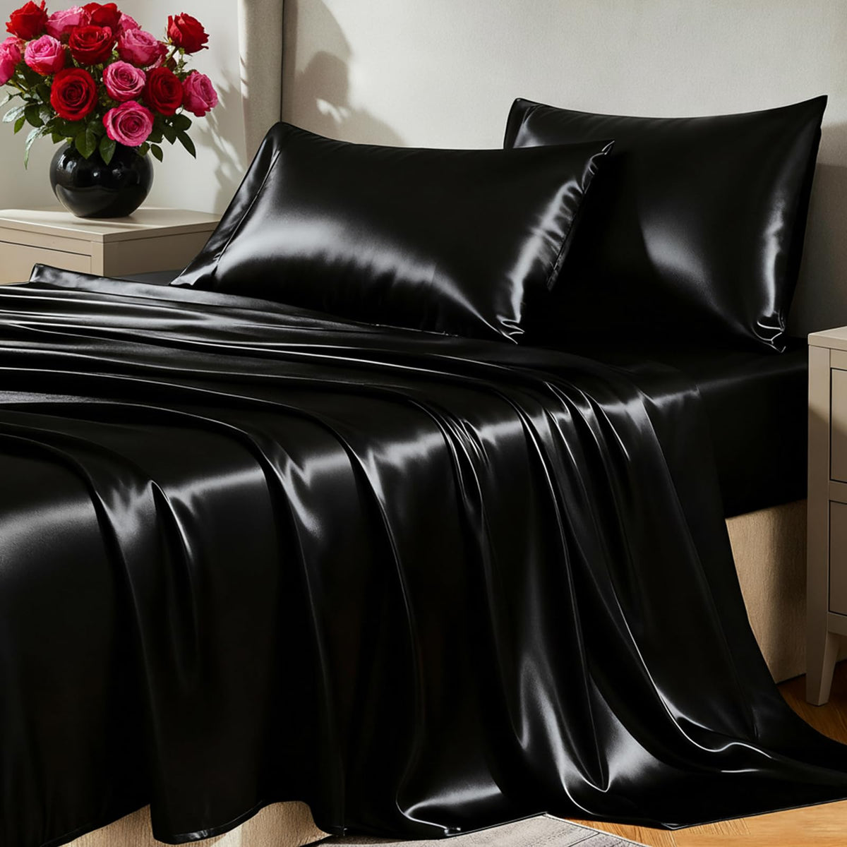 CozyLux satin sheets full-size 4-piece set on bed with silky smooth feel.