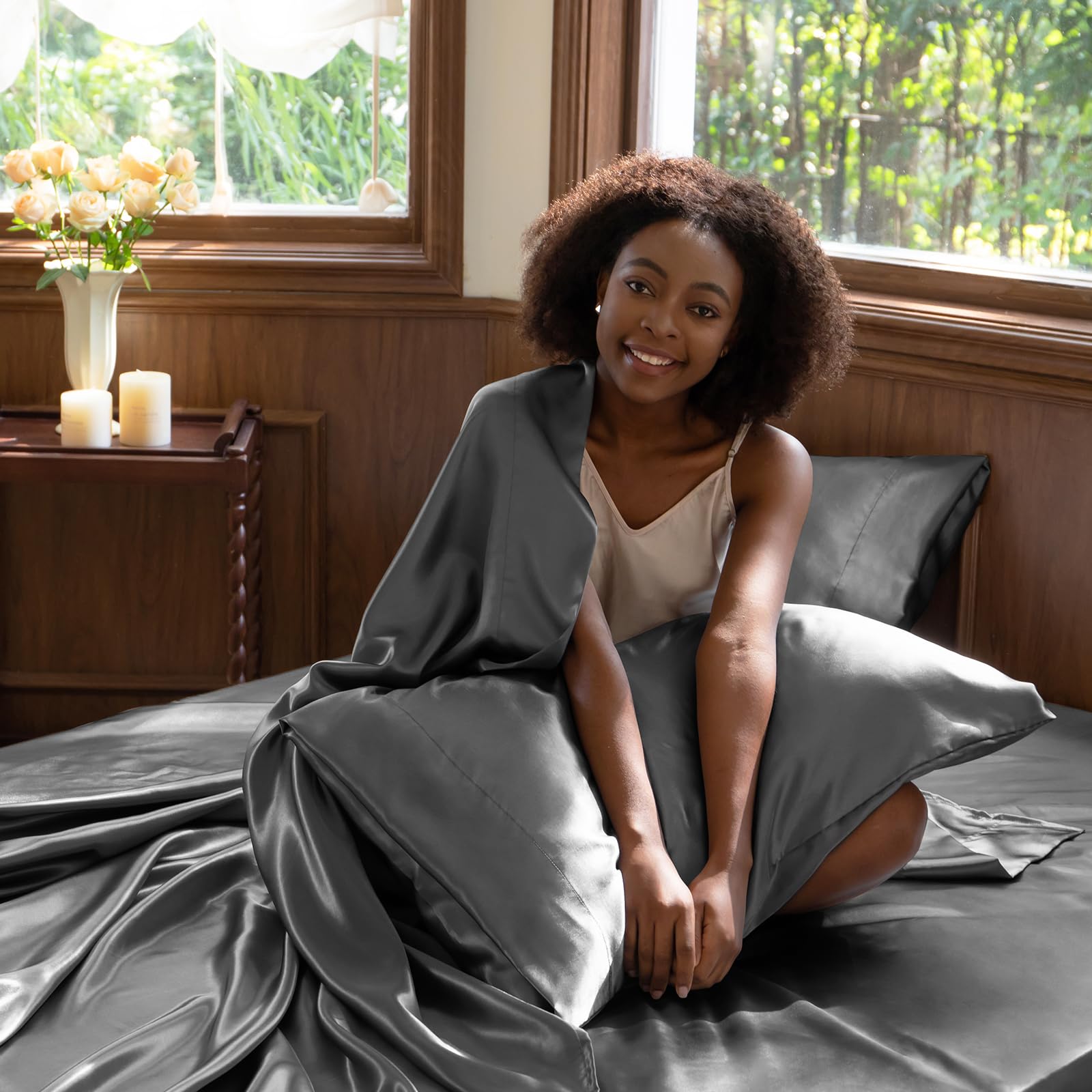 CozyLux Satin Sheets packaging image showing a 4-piece set for easy purchase.