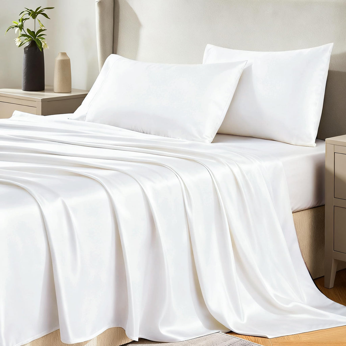 CozyLux satin sheets full-size set on bed with silky sheen and smooth drape.