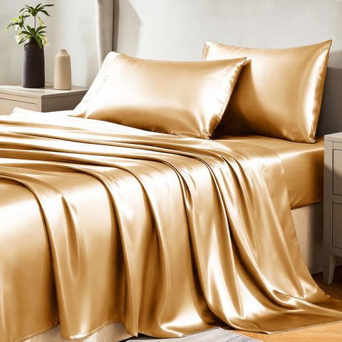 CozyLux satin sheets queen 4-piece set with silky shine for luxurious sleep comfort.