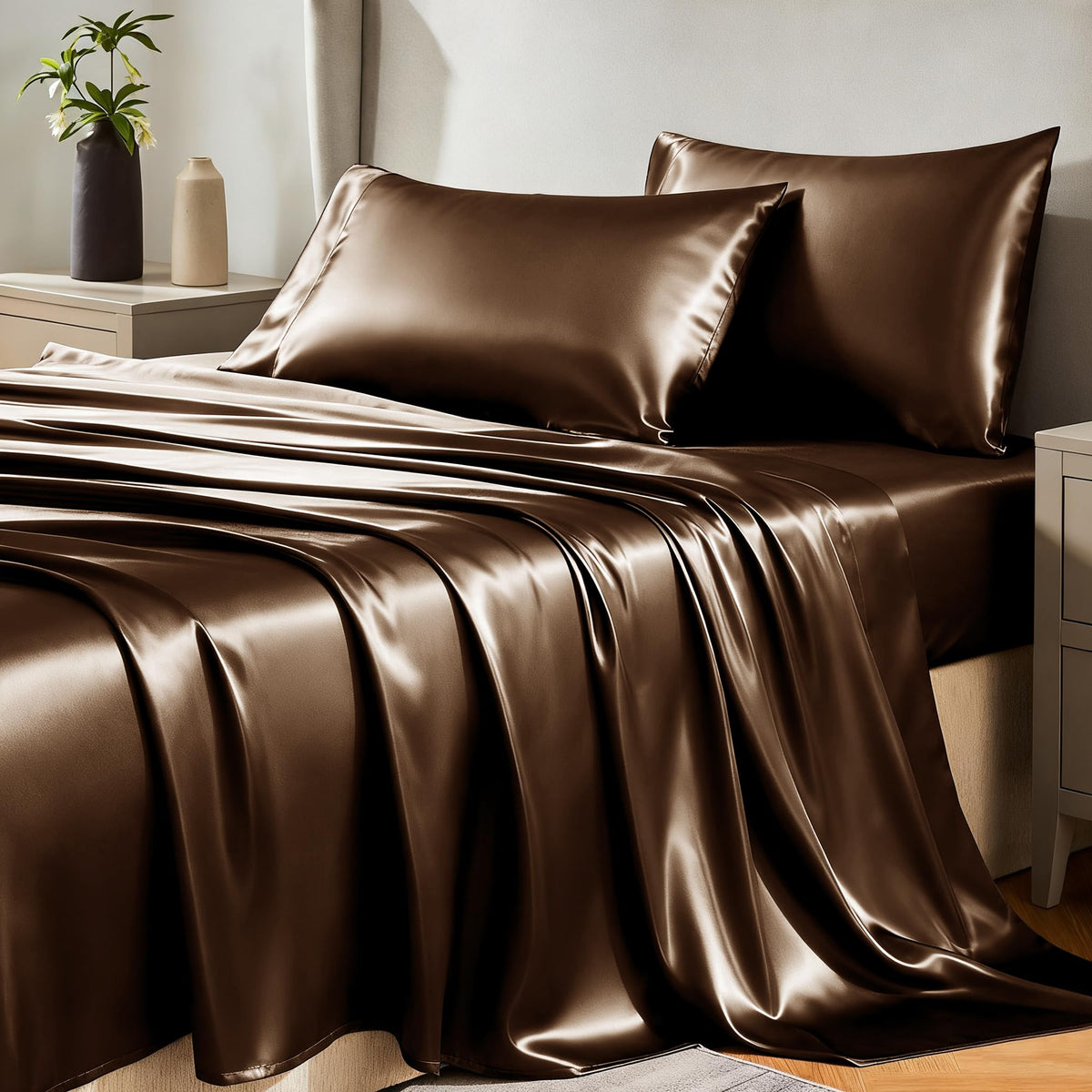 CozyLux satin sheets queen fitted closeup shows secure, snug fit for any mattress.