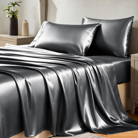 CozyLux satin sheets queen fitted close-up shows silky glide and secure fit