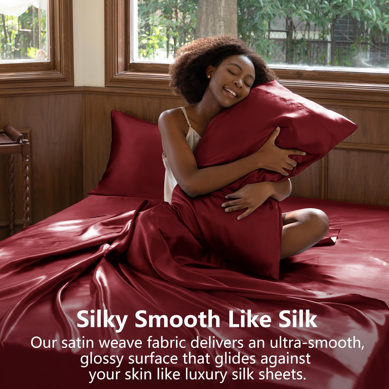 CozyLux satin sheets queen fitted sheet elastic close-up showing secure mattress fit