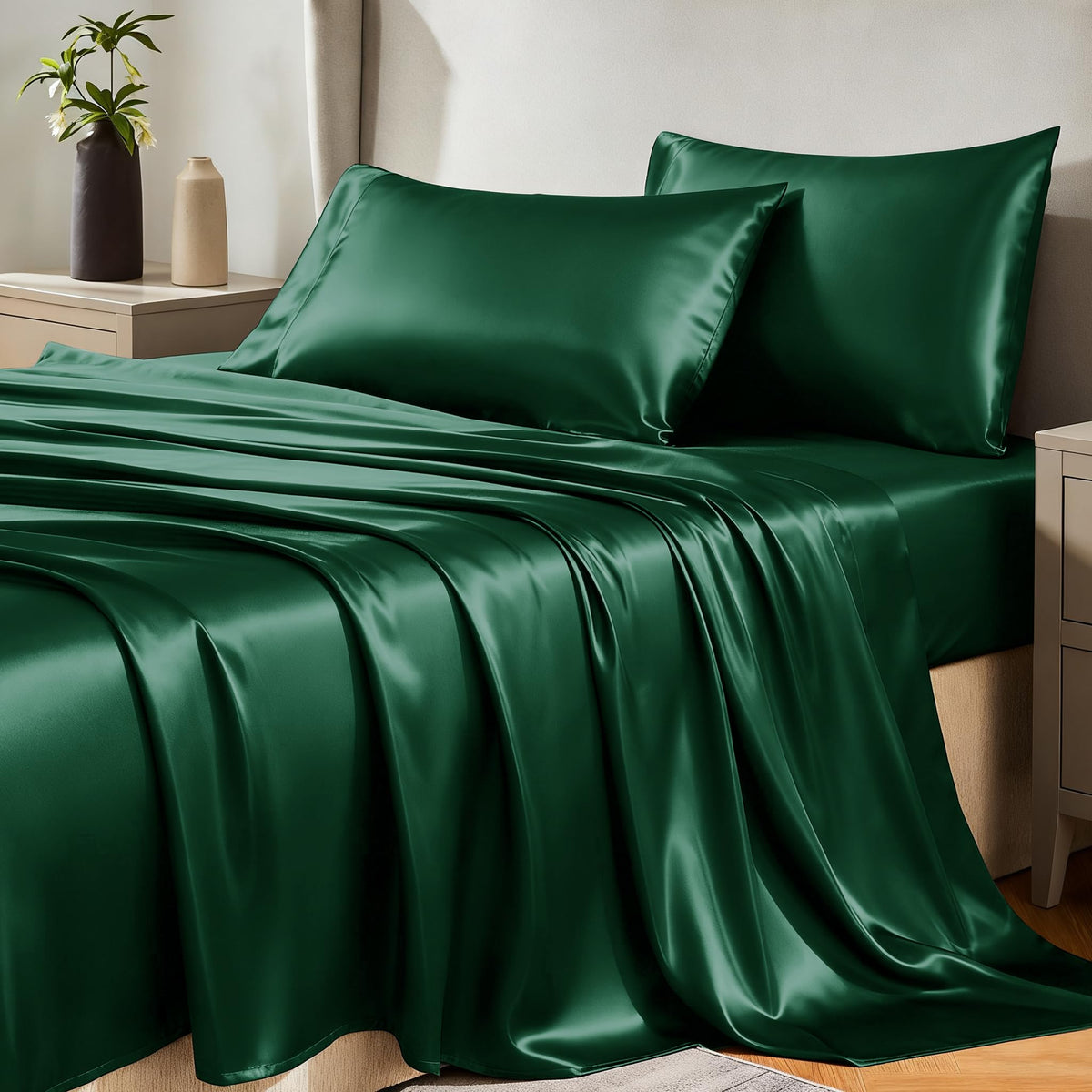 CozyLux satin queen fitted sheet on a mattress offering secure fit and smooth surface.