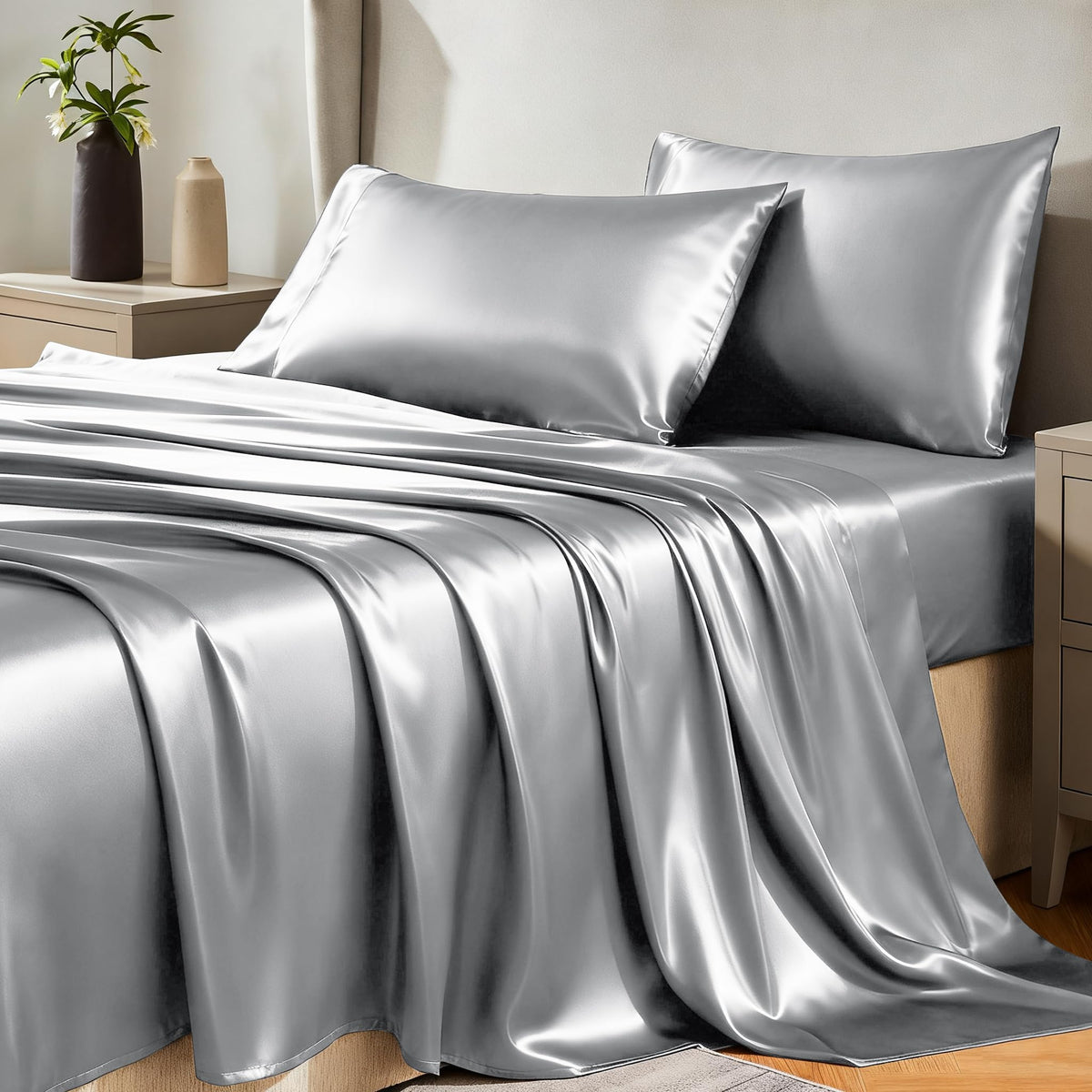 CozyLux satin queen flat sheet with a silky drape for hotel-style comfort.