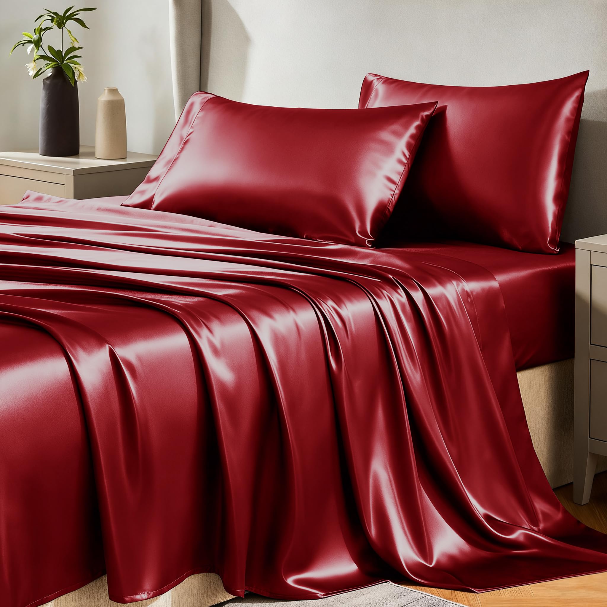 CozyLux satin sheets queen set closeup fabric gloss for ultra-smooth sleep surface