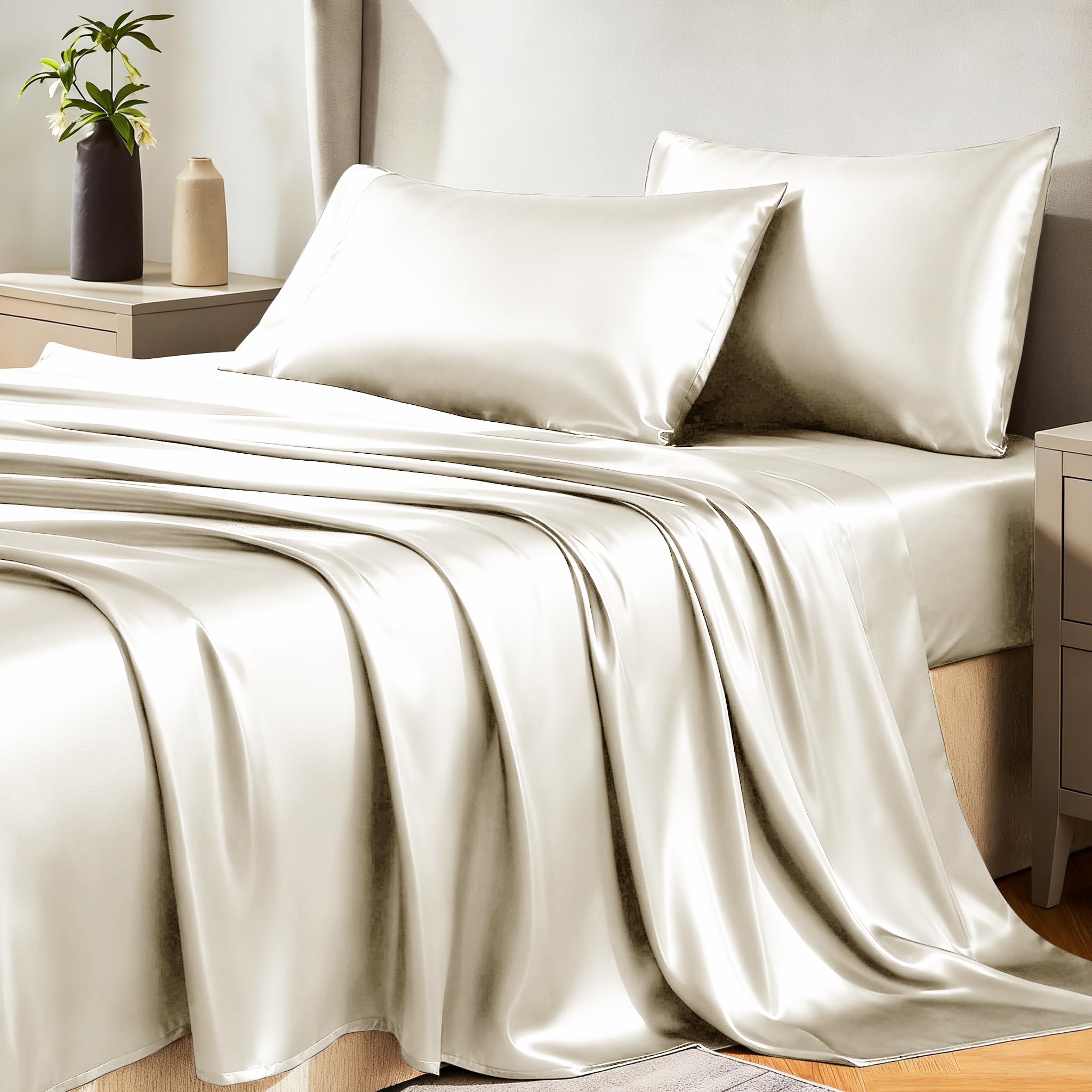 CozyLux satin sheets fitted sheet showing silky surface for smooth sleep.