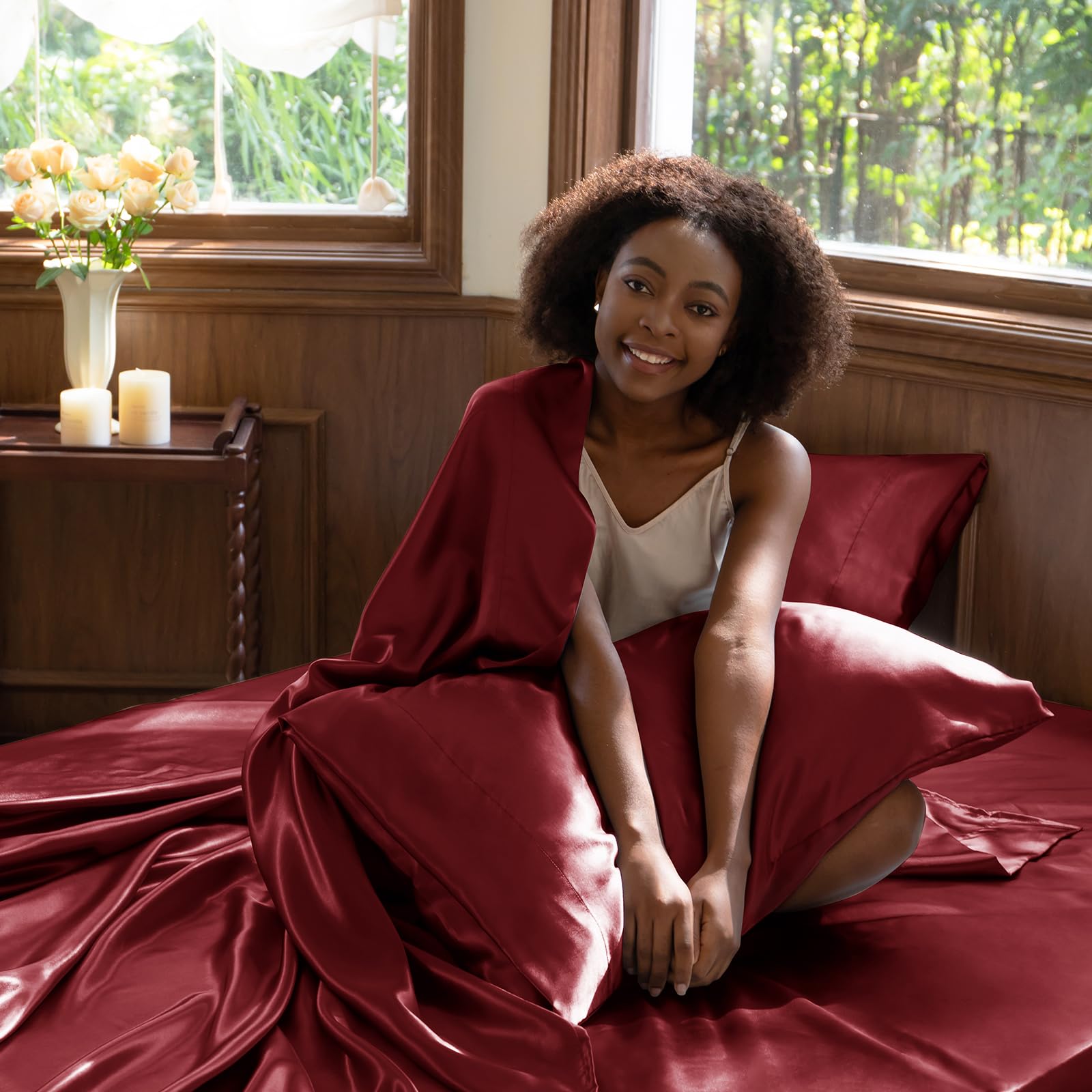 CozyLux satin sheets queen set on bed in seasonal tones for year-round comfort