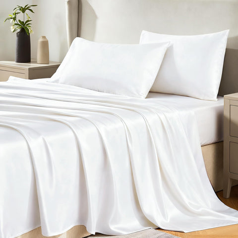 CozyLux satin sheets on bed show silky sheen and skin-friendly glide.